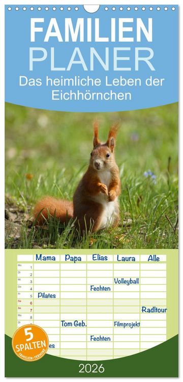 Produktbild: Familienplaner 2026 - Das heimliche Leben der Eichh&ouml;rnchen mit 5 Spalten (Wandkalender, 21 x 45 cm) CALVENDO