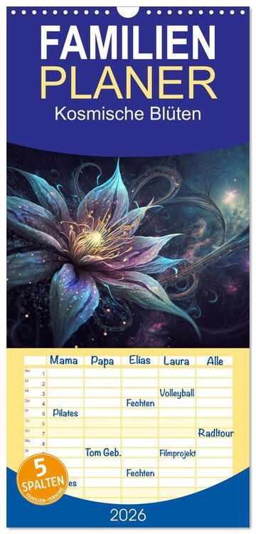 Produktbild: Familienplaner 2026 - Kosmische Bl&uuml;ten mit 5 Spalten (Wandkalender, 21 x 45 cm) CALVENDO
