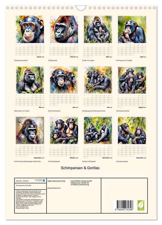 Produktbild: Schimpansen & Gorillas (Wandkalender 2026 DIN A3 hoch), CALVENDO Monatskalender