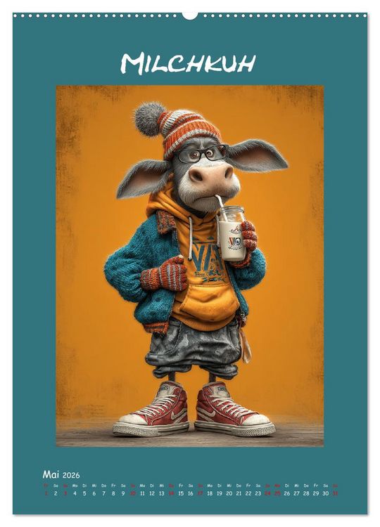 Produktbild: Kuhwelt. Stylische Streetwear-K&uuml;he f&uuml;r gute Laune (hochwertiger Premium Wandkalender 2026 DIN A2 hoch), Kunstdruck in Hochglanz