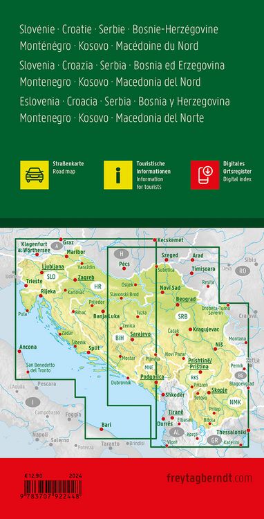 Produktbild: freytag & berndt Stra&szlig;enkarte Slowenien - Kroatien - Serbien - Bosnien-Herzegowina - Montenegro - Kosovo - Nordmazedonien 1:600.000