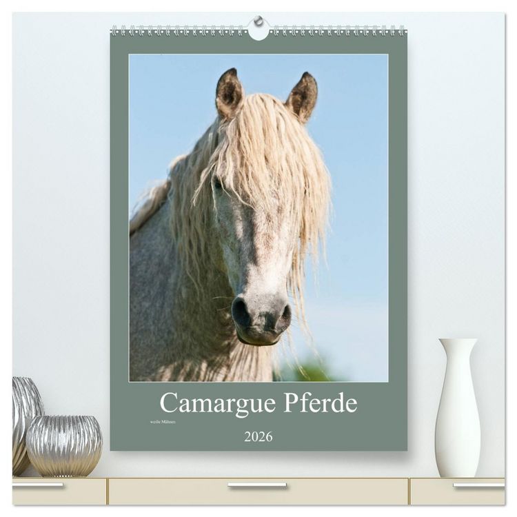 Produktbild: Camargue Pferde - wei&szlig;e M&auml;hnen (hochwertiger Premium Wandkalender 2026 DIN A2 hoch), Kunstdruck in Hochglanz