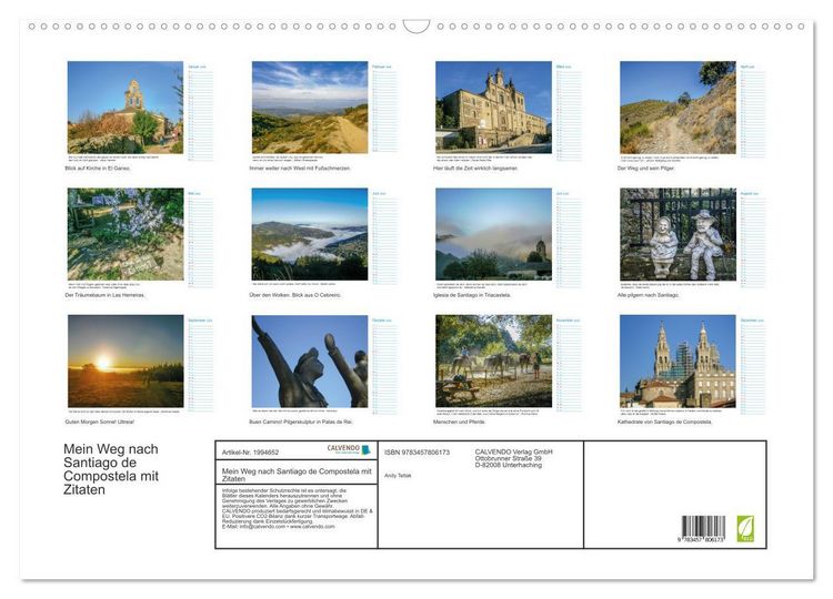 Produktbild: Mein Weg nach Santiago de Compostela mit Zitaten (Wandkalender 2026 DIN A2 quer), CALVENDO Monatskalender