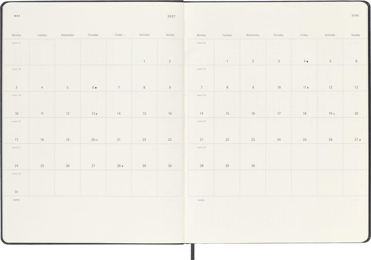 Produktbild: Moleskine 12 Monate Wochen Notizkaledner 2027, XL, 1 Wo = 1 Seite, rechts linierte Seite, fester Einband, Schwarz