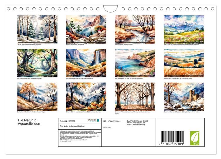 Produktbild: Die Natur in Aquarellbildern (Wandkalender 2026 DIN A4 quer), CALVENDO Monatskalender