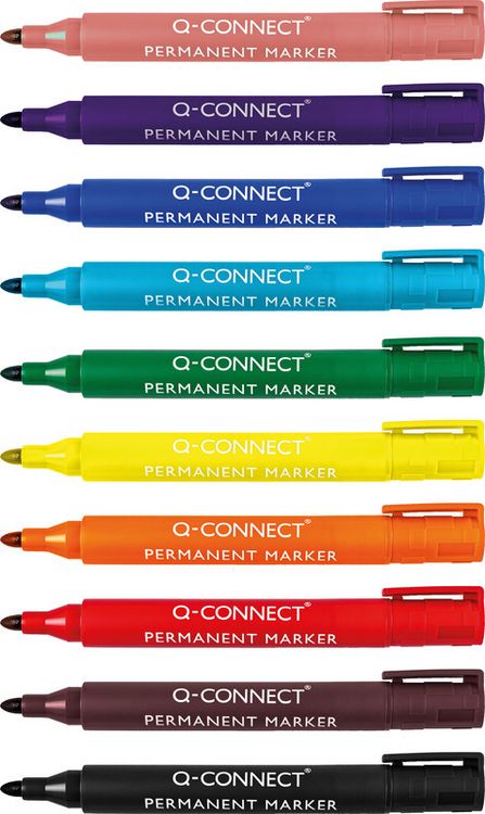 Produktbild: Q-CONNECT&reg; Permanent Marker mit Rundspitze, 10er Etui (schwarz, braun, rot, orange, gelb, gr&uuml;n, hellblau, blau,, violett, rosa)