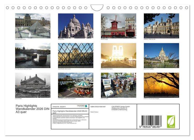 Produktbild: Paris Highlights Wandkalender 2026 DIN A3 quer (Wandkalender 2026 DIN A4 quer), CALVENDO Monatskalender