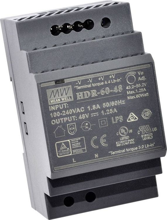 Produktbild: MEAN WELL HDR-60-24 Hutschienen-Netzteil (DIN-Rail) 24 V/DC 2.5 A 60 W Anzahl Ausg&auml;nge:1 x Inhalt 1 St.