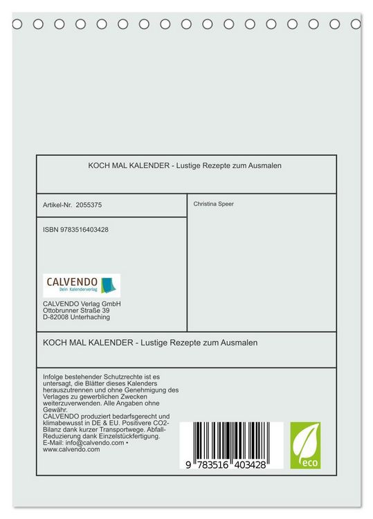 Produktbild: KOCH MAL KALENDER - Lustige Rezepte zum Ausmalen (Tischkalender 2026 DIN A5 hoch), CALVENDO Monatskalender