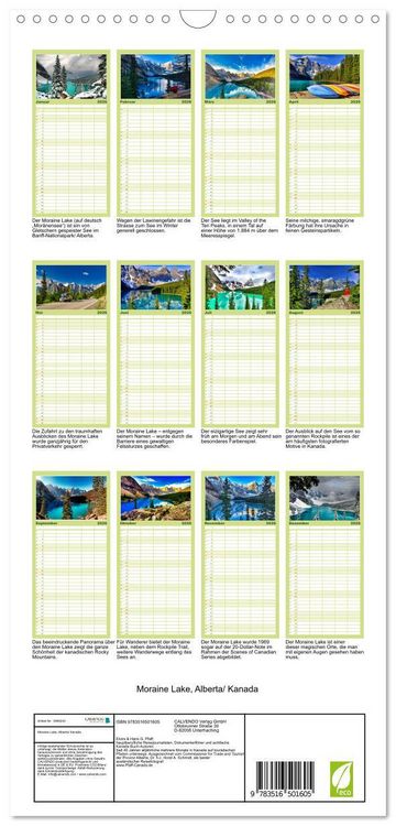 Produktbild: Familienplaner 2026 - Moraine Lake, Alberta/ Kanada mit 5 Spalten (Wandkalender, 21 x 45 cm) CALVENDO