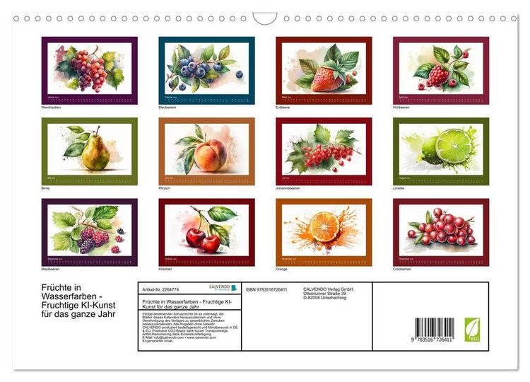 Produktbild: Fr&uuml;chte in Wasserfarben - Fruchtige KI-Kunst f&uuml;r das ganze Jahr (Wandkalender 2026 DIN A3 quer), CALVENDO Monatskalender