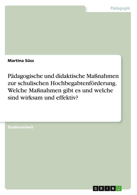 Produktbild: P&auml;dagogische und didaktische Ma&szlig;nahmen zur schulischen Hochbegabtenf&ouml;rderung. Welche Ma&szlig;nahmen gibt es und welche sind wirksam und effektiv?