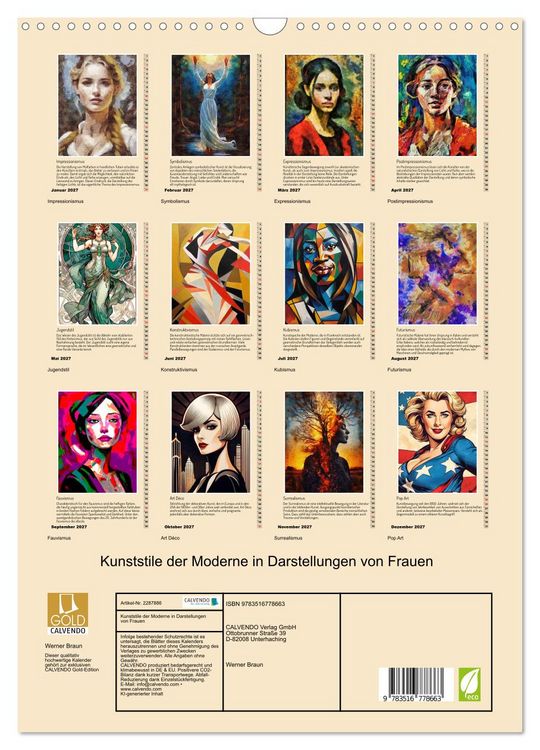 Produktbild: Kunststile der Moderne in Darstellungen von Frauen (Wandkalender 2027 DIN A3 hoch), CALVENDO Monatskalender