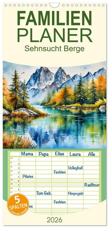 Produktbild: Familienplaner 2026 - Sehnsucht Berge mit 5 Spalten (Wandkalender, 21 x 45 cm) CALVENDO