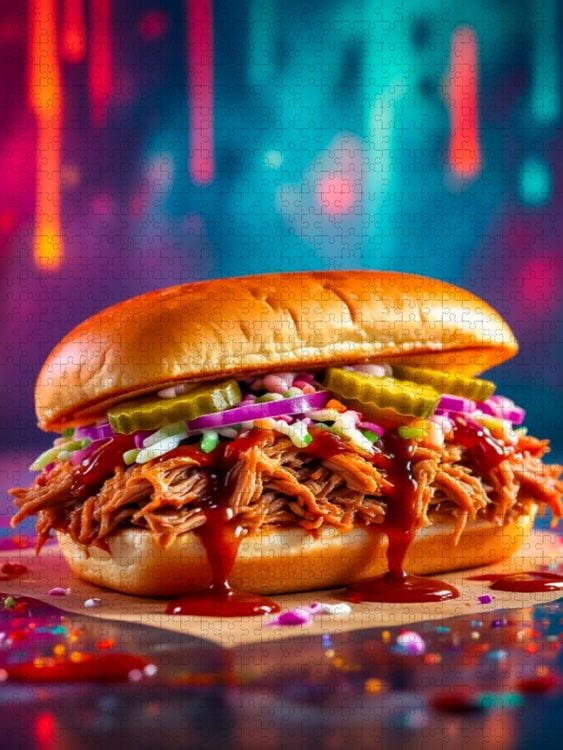 Produktbild: CALVENDO Puzzle Pulled Pork Burger im Farbfeuer | 1000 Teile Lege-Gr&ouml;&szlig;e 64x48cm Foto-Puzzle f&uuml;r gl&uuml;ckliche Stunden