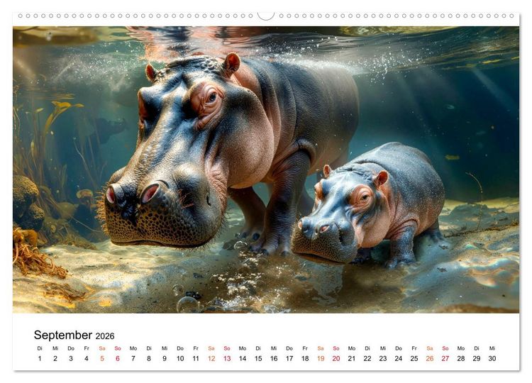 Produktbild: Flusspferde - die stillen Giganten (hochwertiger Premium Wandkalender 2026 DIN A2 quer), Kunstdruck in Hochglanz