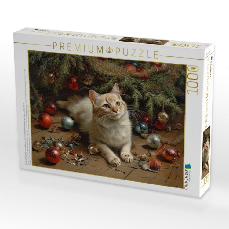 Produktbild: CALVENDO Puzzle Weihnachtszauber im Landhaus - Eine neugierige Katze zwischen Glanz und Scherben | 1000 Teile Lege-Gr&ouml;&szlig;e 64x48cm Foto-Puzzle f&uuml;r gl&uuml;ck
