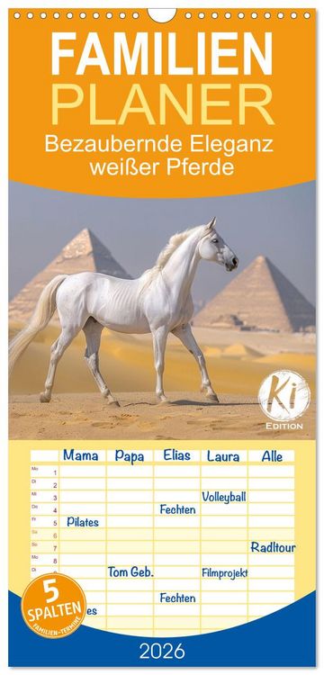 Produktbild: Familienplaner 2026 - Bezaubernde Eleganz wei&szlig;er Pferde mit 5 Spalten (Wandkalender, 21 x 45 cm) CALVENDO