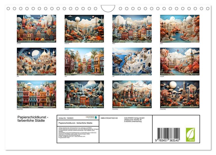 Produktbild: Papierschicktkunst - farbenfohe St&auml;dte (Wandkalender 2026 DIN A4 quer), CALVENDO Monatskalender