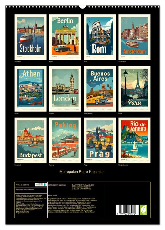 Produktbild: Metropolen Retro-Kalender (hochwertiger Premium Wandkalender 2026 DIN A2 hoch), Kunstdruck in Hochglanz