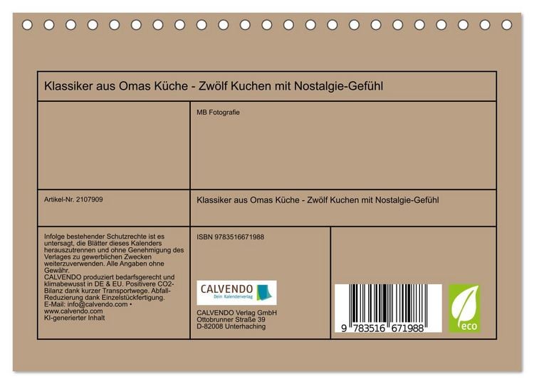 Produktbild: Klassiker aus Omas K&uuml;che - Zw&ouml;lf Kuchen mit Nostalgie-Gef&uuml;hl (Tischkalender 2026 DIN A5 quer), CALVENDO Monatskalender