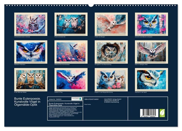 Produktbild: Bunte Eulenpoesie. Kunstvolle V&ouml;gel in &Ouml;lgem&auml;lde-Optik (hochwertiger Premium Wandkalender 2026 DIN A2 quer), Kunstdruck in Hochglanz