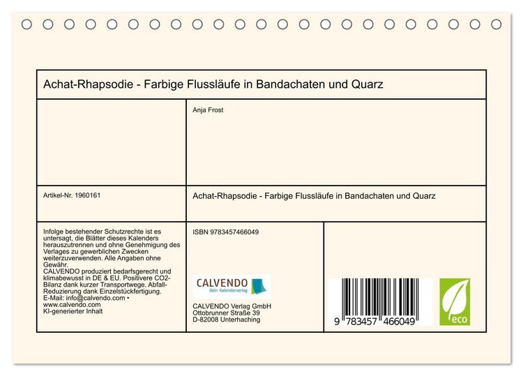 Produktbild: Achat-Rhapsodie - Farbige Flussl&auml;ufe in Bandachaten und Quarz (Tischkalender 2026 DIN A5 quer), CALVENDO Monatskalender