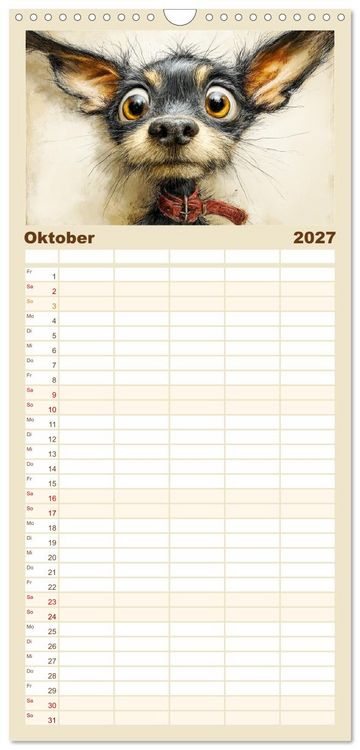 Produktbild: Familienplaner 2027 - Karikatur trifft Hund. Ein Blick auf charmante Vierbeiner mit 5 Spalten (Wandkalender, 21 x 45 cm) CALVENDO