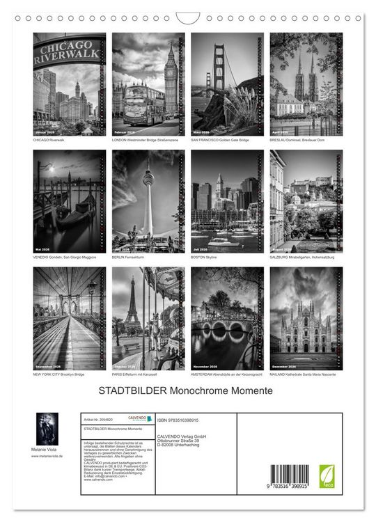 Produktbild: STADTBILDER Monochrome Momente (Wandkalender 2026 DIN A3 hoch), CALVENDO Monatskalender