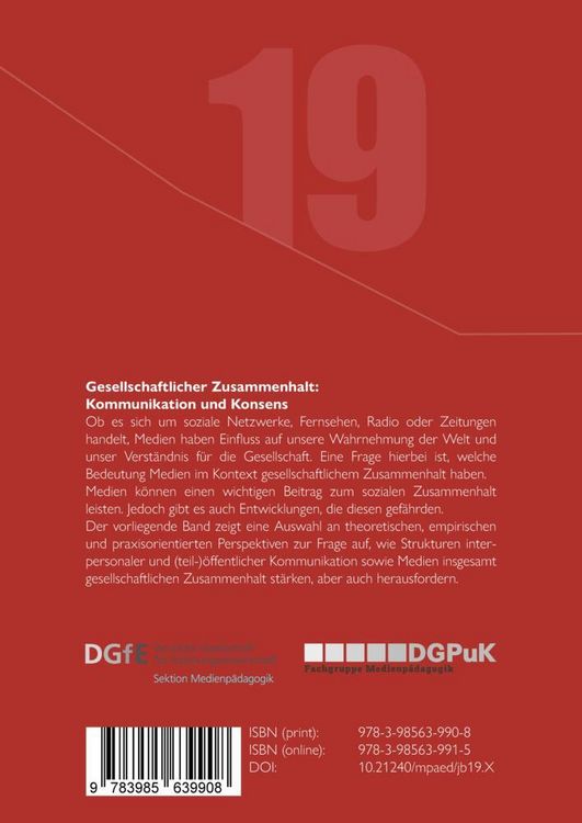 Produktbild: Jahrbuch Medienp&auml;dagogik 19: Gesellschaftlicher Zusammenhalt: Kommunikation und Konsens