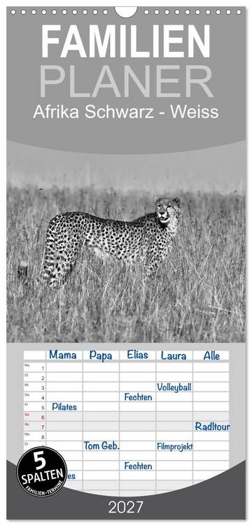 Produktbild: Familienplaner 2027 - Afrika Schwarz - Weiss mit 5 Spalten (Wandkalender, 21 x 45 cm) CALVENDO
