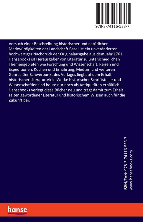 Produktbild: Versuch einer Beschreibung historischer und nat&uuml;rlicher Merkw&uuml;rdigkeiten der Landschaft Basel