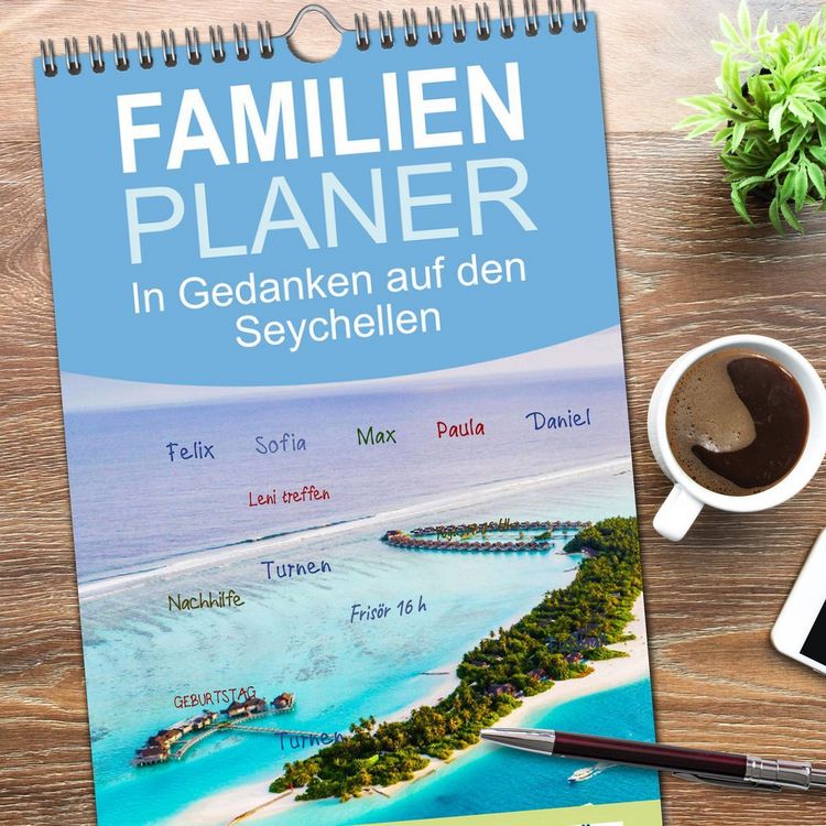 Produktbild: Familienplaner 2026 - In Gedanken auf den Seychellen mit 5 Spalten (Wandkalender, 21 x 45 cm) CALVENDO