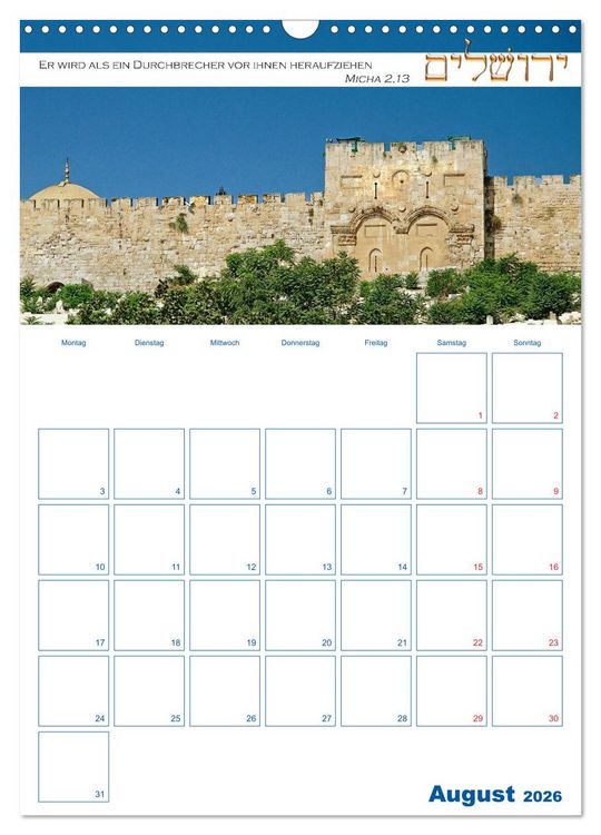 Produktbild: Jerusalem Kalender mit Bibelworten und Planer! (Wandkalender 2026 DIN A3 hoch), CALVENDO Monatskalender