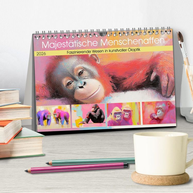 Produktbild: Majest&auml;tische Menschenaffen. Faszinierende Wesen in kunstvoller &Ouml;loptik (Tischkalender 2026 DIN A5 quer), CALVENDO Monatskalender