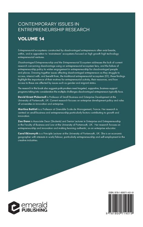 Produktbild: Disadvantaged Entrepreneurship and the Entrepreneurial Ecosystem