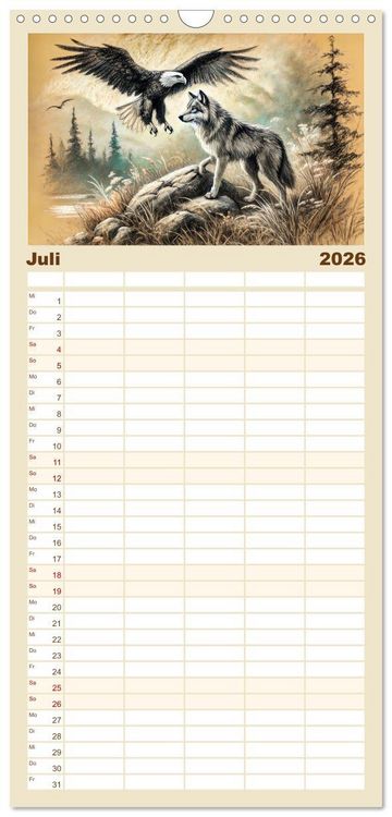 Produktbild: Familienplaner 2026 - Die Eleganz der W&ouml;lfe - Mythische Begegnungen in der Natur mit 5 Spalten (Wandkalender, 21 x 45 cm) CALVENDO