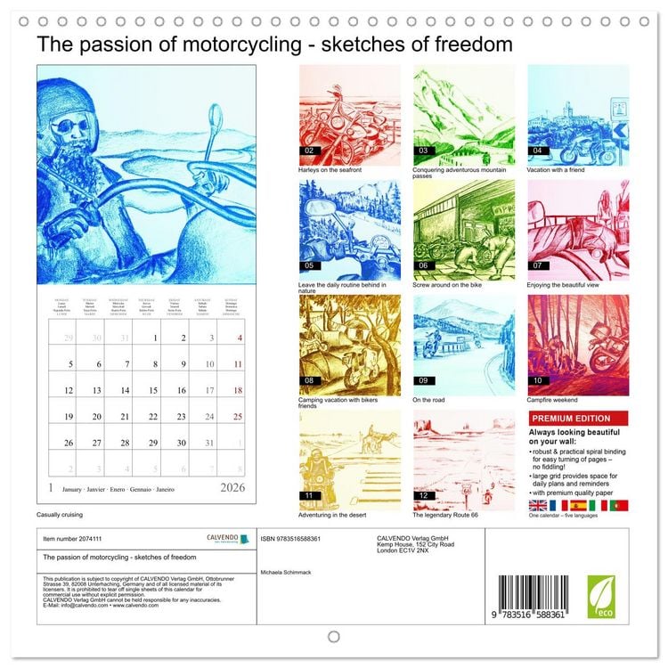 Produktbild: The passion of motorcycling - sketches of freedom (Wall Calendar 2026 12 &times; 12 Inch) CALVENDO 12 Month Wall Calendar