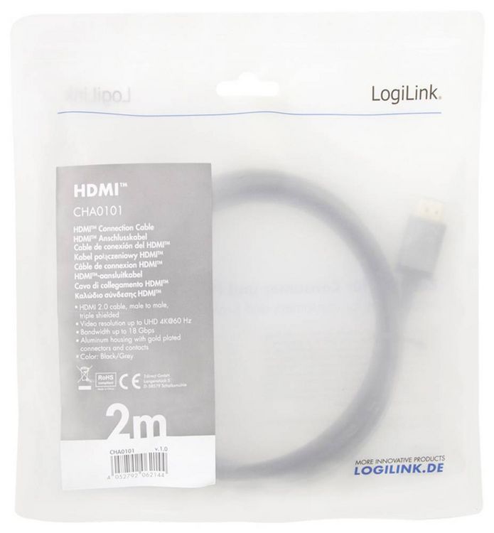 Produktbild: LogiLink HDMI AV Anschlusskabel [1x HDMI-Stecker - 1x HDMI-Stecker] 2m Schwarz-Grau