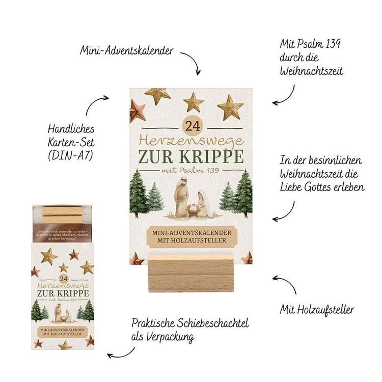 Produktbild: 24 Herzenswege zur Krippe mit Psalm 139 - Mini-Adventskalender