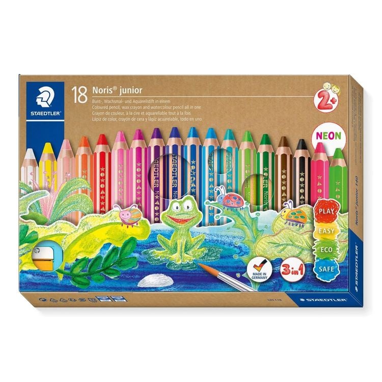 STAEDTLER Noris junior 140 Kindermalstift 3 in 1, Kartonetui mit 18 Malstiften in sortierten Farben, 1 Spitzer und 1 Pinsel, 140 C18
