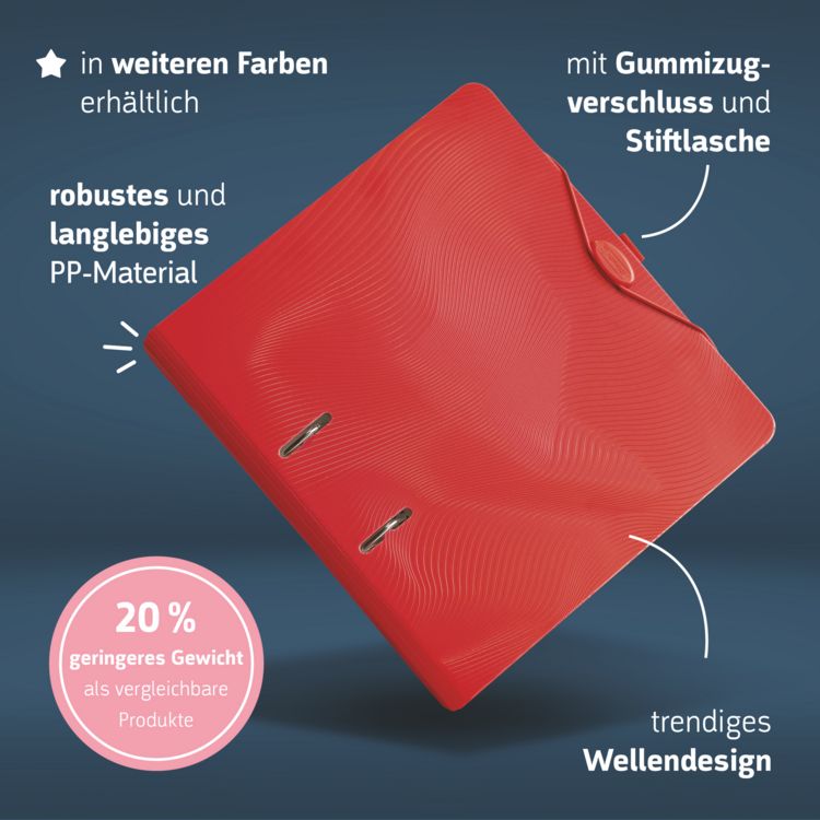 Produktbild: Brunnen Ordner &bdquo;WAVE&ldquo; Colour Code &brvbar; A4, 50 mm, Hebelmechanik mit gummiertem Griff, red