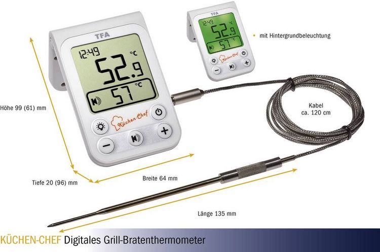 Produktbild: TFA Dostmann 14.1510.02 Grill-Thermometer &Uuml;berwachung der Kerntemperatur, Kabelsensor Braten, Grillgut, Niedergaren