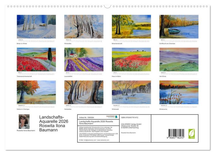 Produktbild: Landschafts-Aquarelle 2026 Roswita Ilona Baumann (hochwertiger Premium Wandkalender 2026 DIN A2 quer), Kunstdruck in Hochglanz