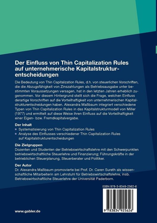 Produktbild: Der Einfluss von Thin Capitalization Rules auf unternehmerische Kapitalstrukturentscheidungen