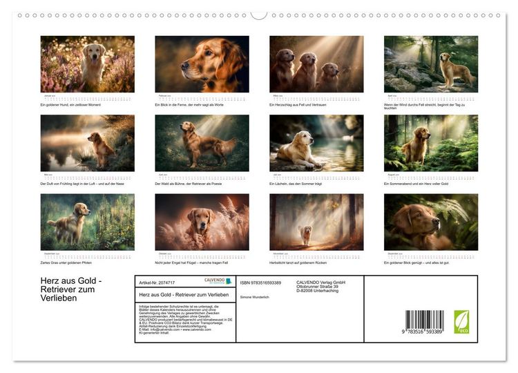 Produktbild: Herz aus Gold - Retriever zum Verlieben (hochwertiger Premium Wandkalender 2026 DIN A2 quer), Kunstdruck in Hochglanz