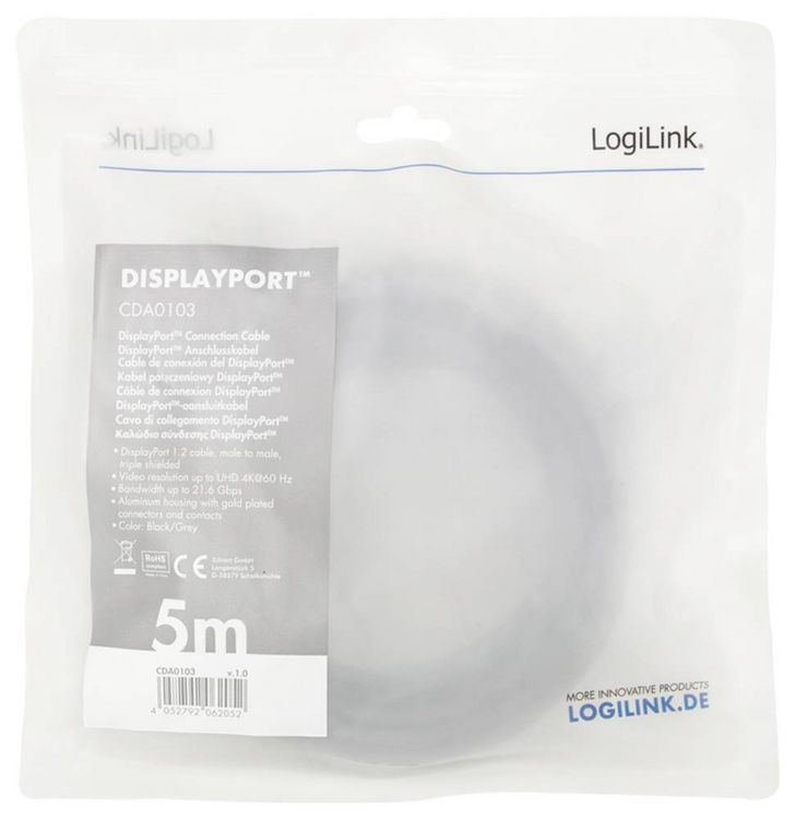 Produktbild: LogiLink DisplayPort AV Anschlusskabel [1x DisplayPort - 1x DisplayPort] 5m Schwarz/Grau