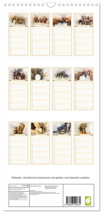 Produktbild: Familienplaner 2026 - Elefanten - k&uuml;nstlerische Impressionen der gr&ouml;&szlig;ten noch lebenden Landtiere mit 5 Spalten (Wandkalender, 21 x 45 cm) CALVENDO