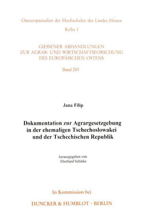 Produktbild: Dokumentation zur Agrargesetzgebung in der ehemaligen Tschechoslowakei und der Tschechischen Republik.
