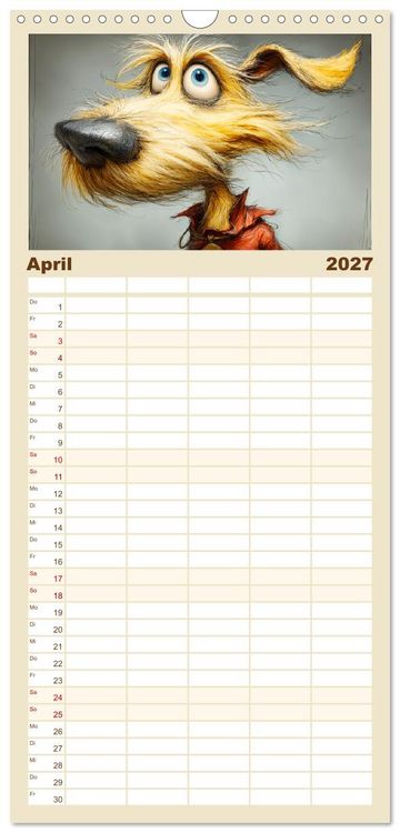 Produktbild: Familienplaner 2027 - Karikatur trifft Hund. Ein Blick auf charmante Vierbeiner mit 5 Spalten (Wandkalender, 21 x 45 cm) CALVENDO